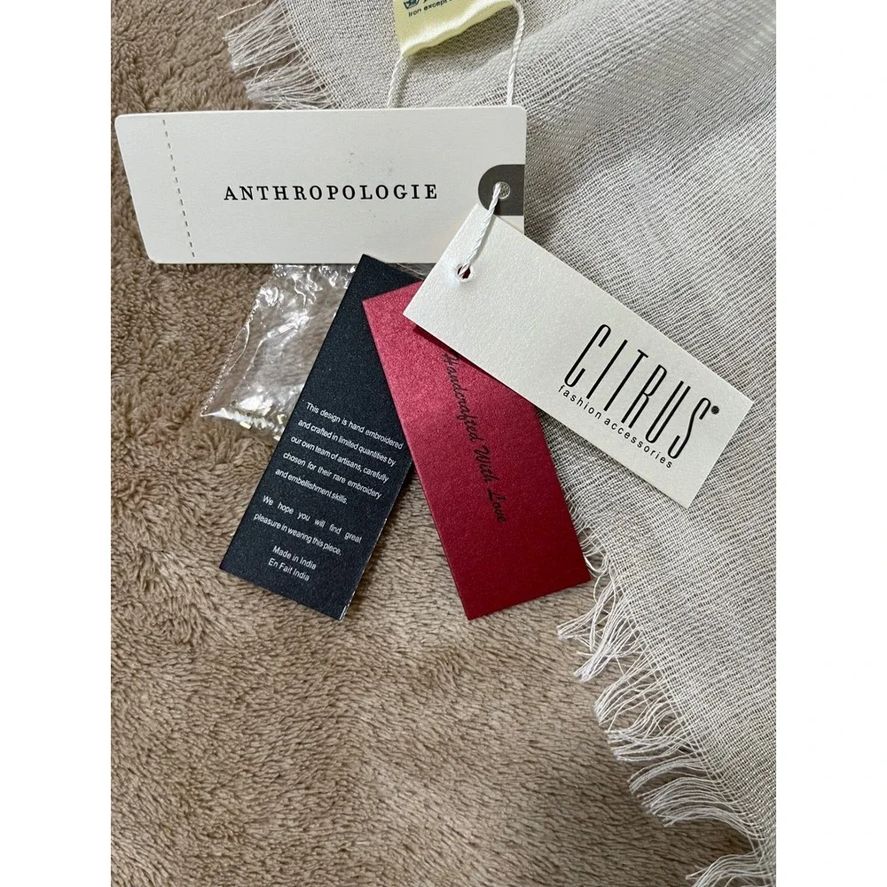 Anthropologie Citrus Ginkgo Leaf Embroidered SilkWool Scarf Yellow NEW MSRP$118